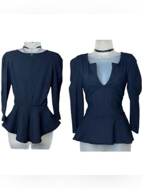Y2K Bebe Split Neck Puff Sleeve High Low Ruffle Peplum Top Black Evening Party